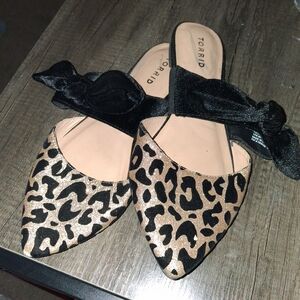 torrid Leopard Print Pointed Mules with Black Bow Accent